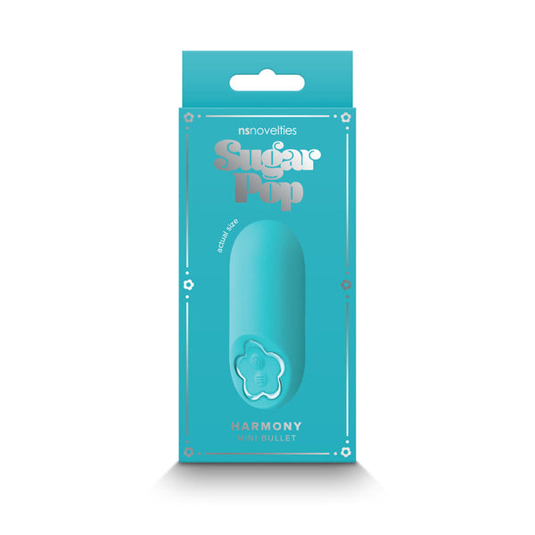 Sugar Pop Harmony mini bullet in teal displayed in matching retail packaging box