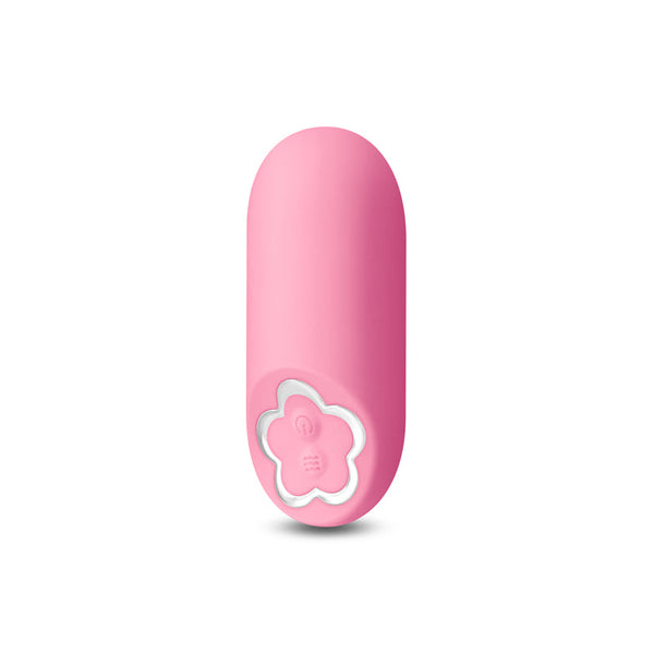 Sugar Pop Harmony pink mini bullet vibrator with flower-shaped control button, front view