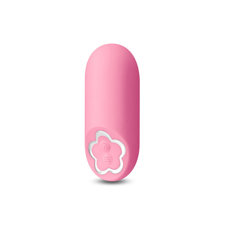 Sugar Pop Harmony pink mini bullet vibrator with flower-shaped control button, front view