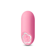 Sugar Pop Harmony pink mini bullet vibrator with flower-shaped control button, front view