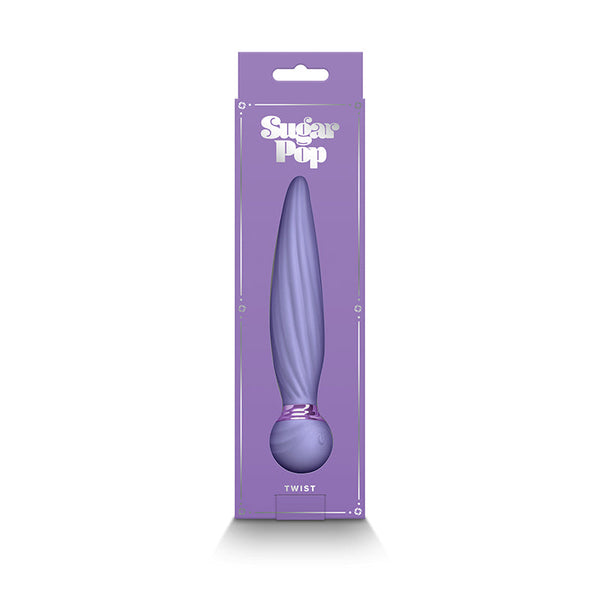 Sugar Pop Twist purple vibrator displayed inside lilac NS Novelties retail box, front packaging view