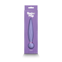 Sugar Pop Twist purple vibrator displayed inside lilac NS Novelties retail box, front packaging view