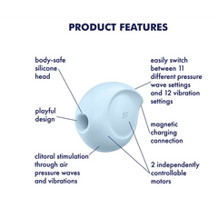 Sugar Rush feature diagram: 11 pressure wave settings, 12 vibration modes, magnetic charging