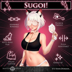 Sugoi-themed graphic highlighting vegan leather construction, adjustability, and kawaii kitty role-play features