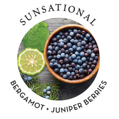 Sunsational scent notes graphic showing bergamot and juniper berries with fresh botanicals