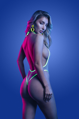 SUPERNATURAL plunge teddy back view showing neon yellow trim and thong cut silhouette