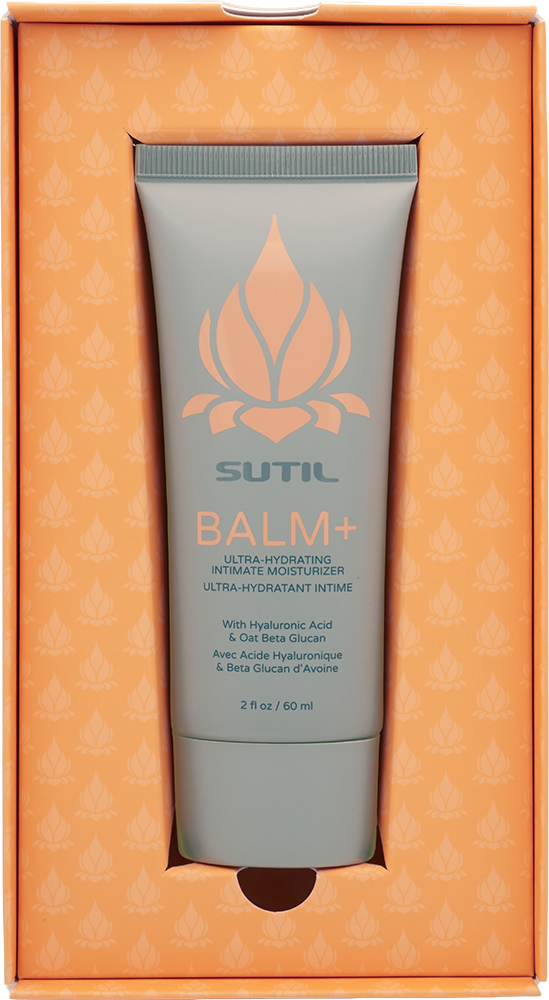 SUTIL Balm+ 60 ml tube displayed upright inside warm peach patterned drawer-style gift box