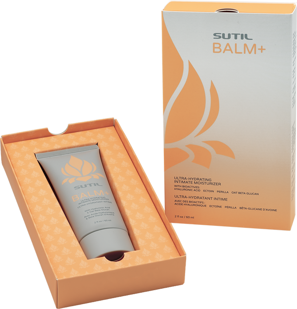 SUTIL Balm+ intimate moisturizer tube nestled in open peach gift-style box beside upright carton