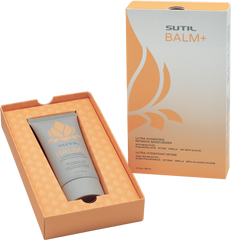 SUTIL Balm+ intimate moisturizer tube nestled in open peach gift-style box beside upright carton