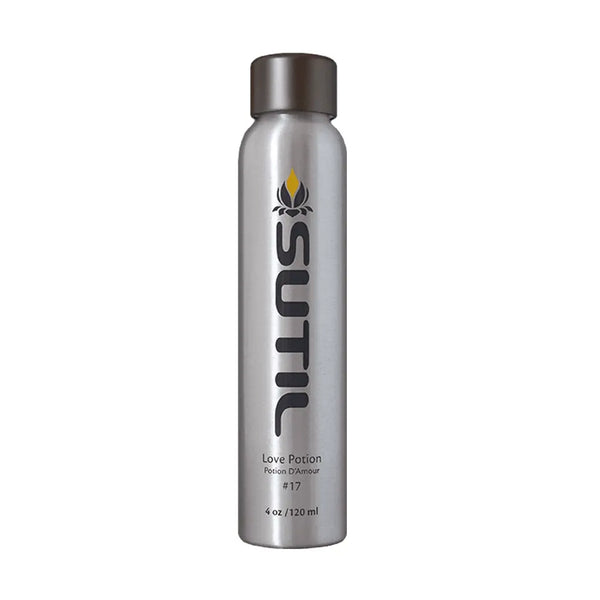 SUTIL Love Potion #17 massage oil in a sleek silver aluminum spray bottle with dark cap