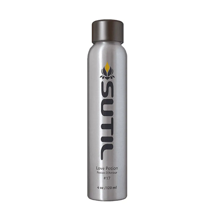 SUTIL Love Potion #17 massage oil in a sleek silver aluminum spray bottle with dark cap