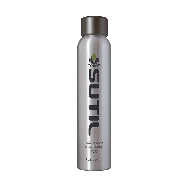 Sutil Love Potion #23 massage oil in brushed silver bottle, 4 oz size, on white background