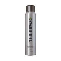 Sutil Love Potion #23 massage oil in brushed silver bottle, 4 oz size, on white background