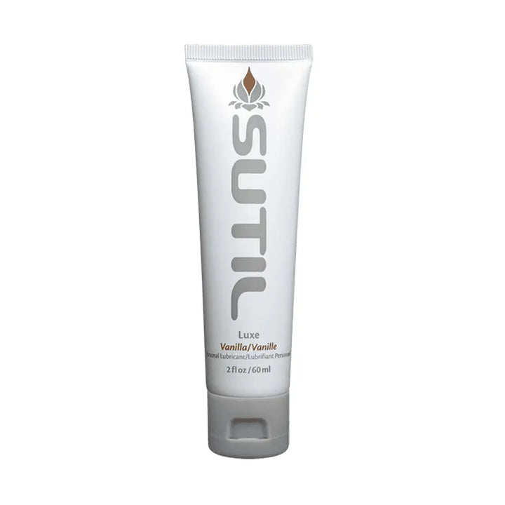 Sutil Luxe Vanilla water-based lubricant in a slim white 2 fl oz squeeze tube
