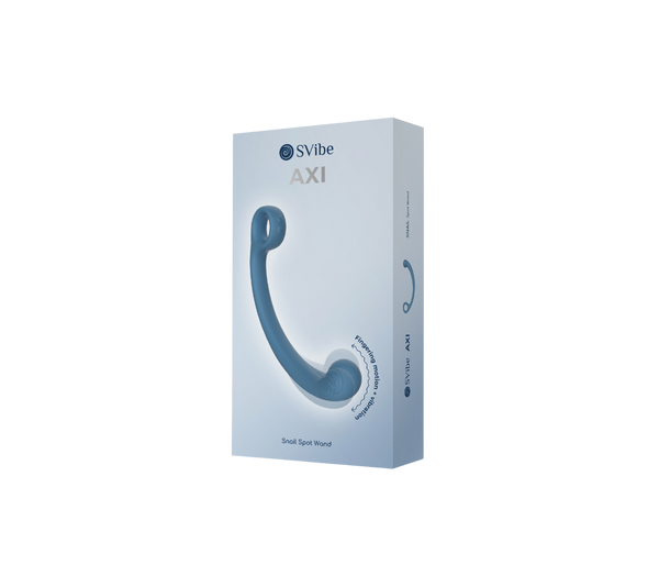 SVibe AXI Snail Spot Wand box, front view, blue lagoon curved wand on soft blue packaging