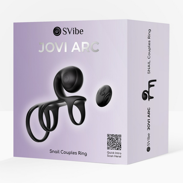 SVibe Jovi Arc Snail Couples Ring in noir haze with remote, shown in purple retail box