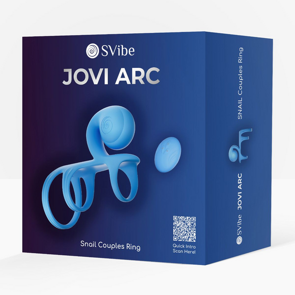 SVibe Jovi Arc Snail Couples Ring packaging, deep blue box with product and QR code