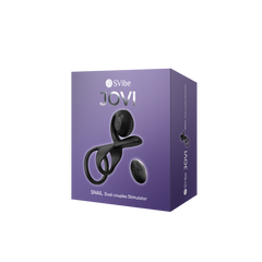 SVibe JOVI Snail couples ring in black silicone shown with remote inside purple retail box