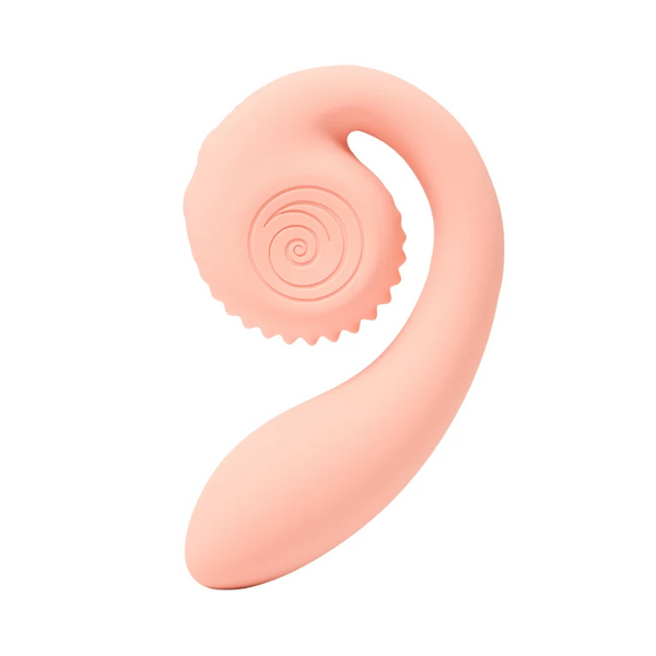 SVibe Snail GIZI vibrator in peachy pink silicone with spiral detail and curved dual-stimulation shape