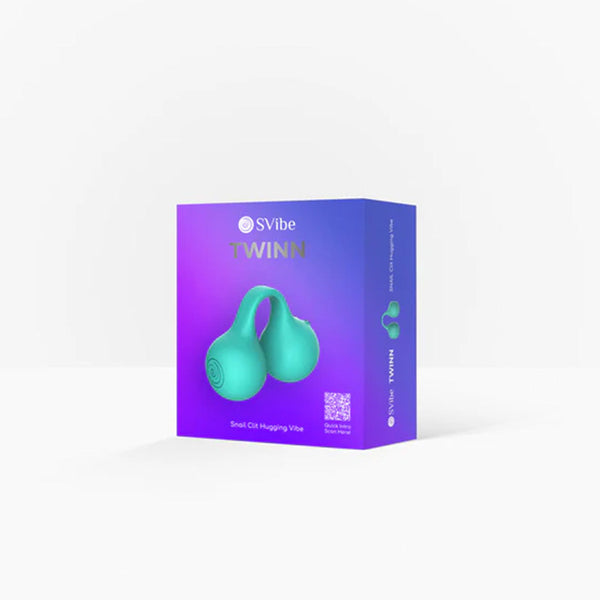 SVibe TWINN clit hugging vibe in tiffany teal silicone shown in purple retail box