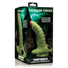 Swamp Monster Green Scaly Silicone Dildo shown in branded Creature Cocks retail packaging box
