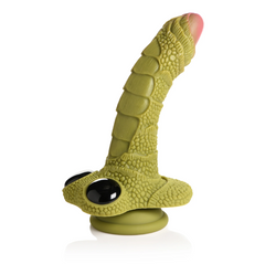 Swamp Monster Green Scaly Silicone Dildo standing upright on suction base showing curved shaft profile