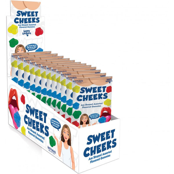 Sweet Cheeks gummies 12-piece retail display box showing multiple bags of assorted novelty candy
