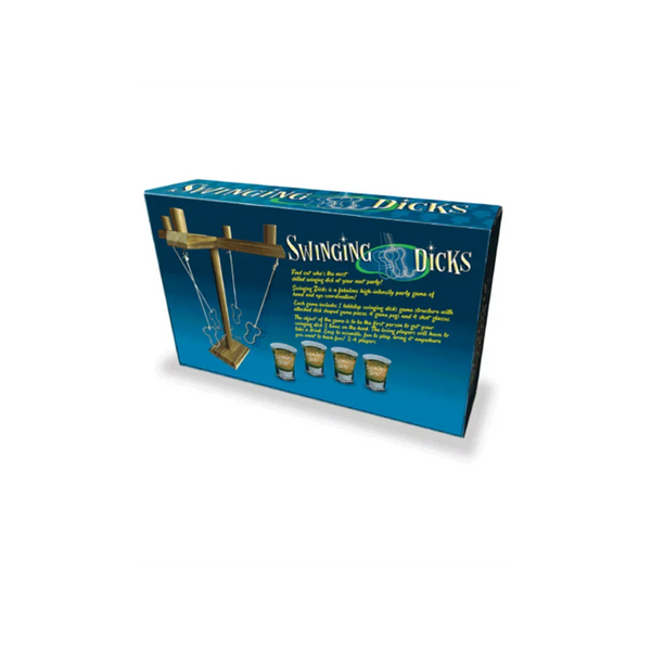 Swinging Dicks game box back panel illustrating wooden stand, shot glasses, and gameplay overview