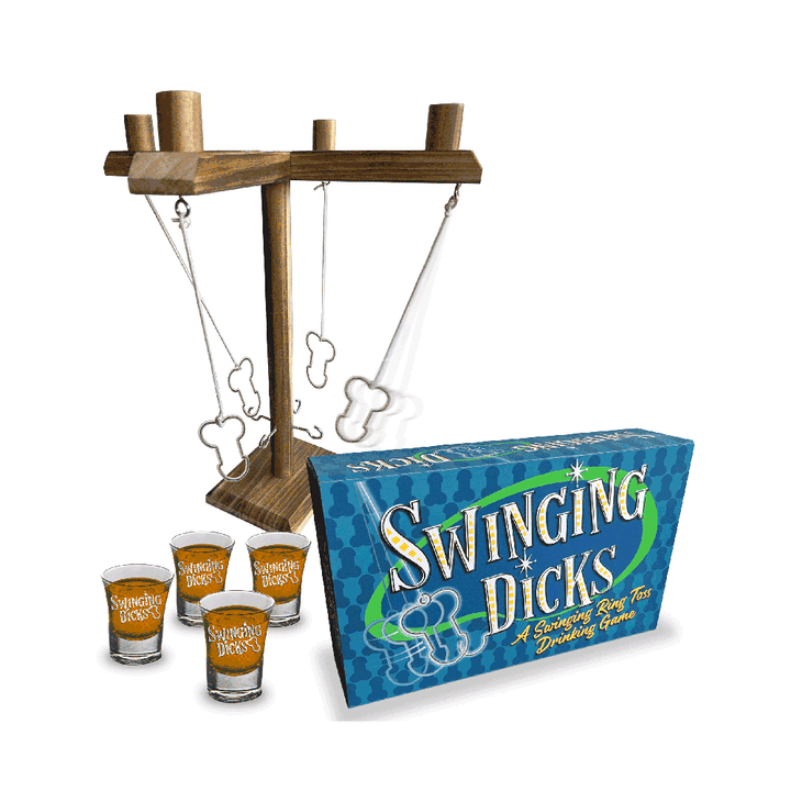 Swinging Dicks ring toss drinking game set with wooden stand, novelty rings, and four shot glasses