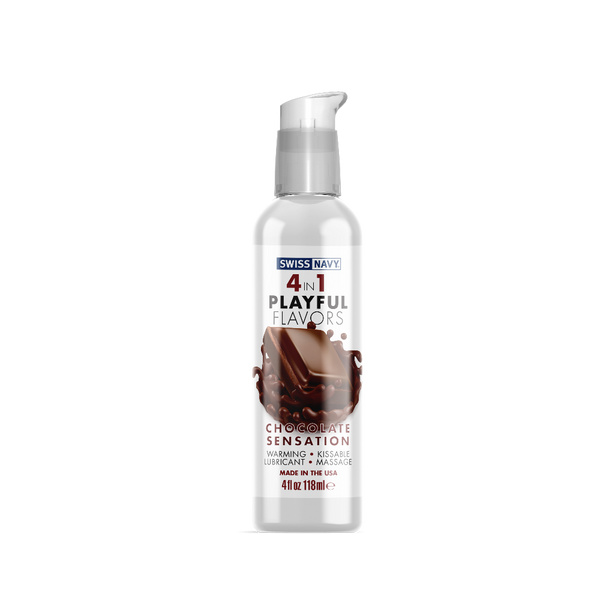 Swiss Navy 4-in-1 Chocolate Sensation flavoured lubricant in a clear 4 oz pump bottle
