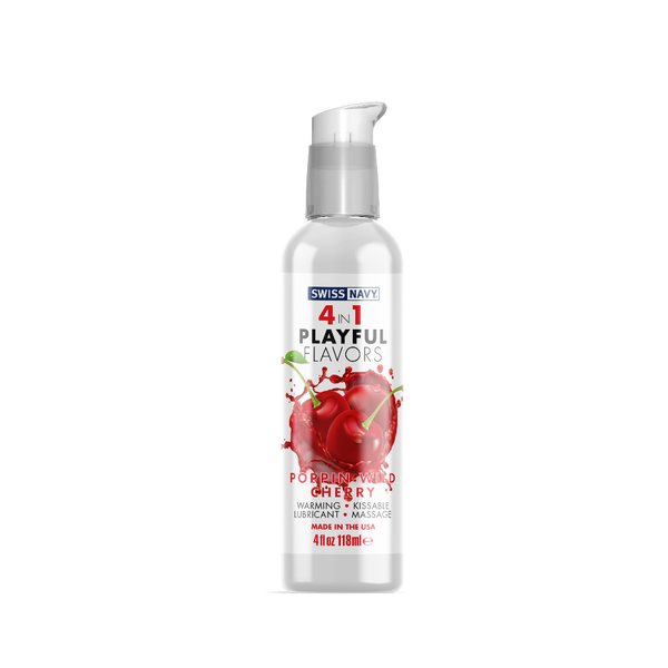 Swiss Navy 4-in-1 Playful Flavors Poppin' Wild Cherry lubricant, 4 oz clear pump bottle