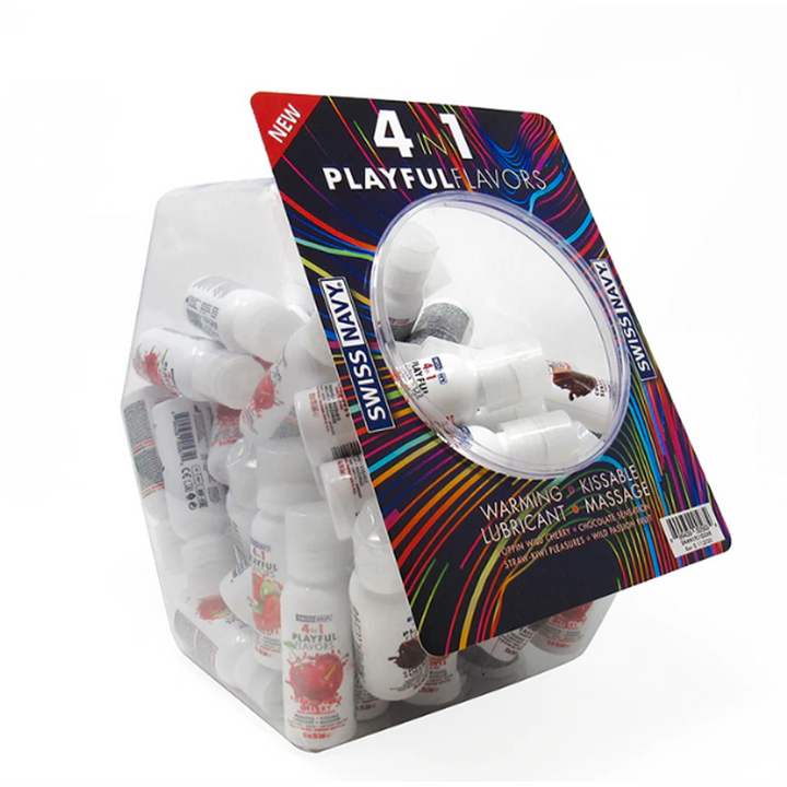 Swiss Navy 4-in-1 Playful Flavours display bowl filled with assorted 1 oz warming lubricant bottles