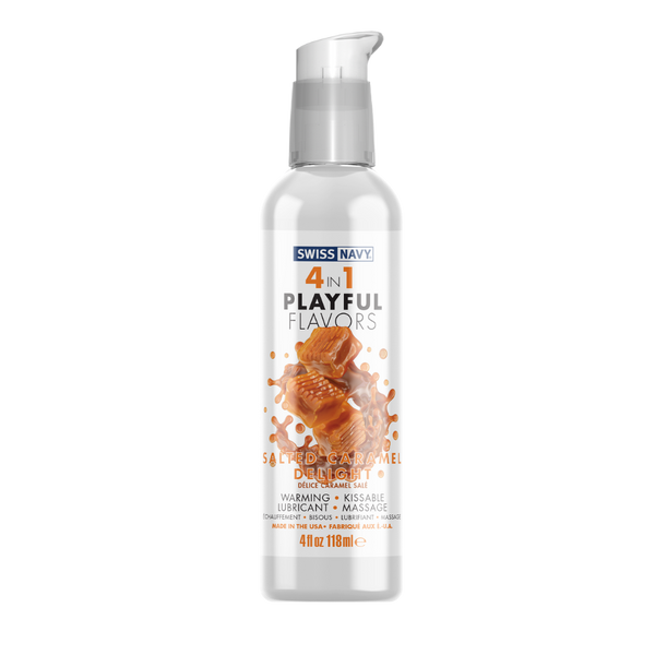 Swiss Navy 4in1 Playful Flavors Salted Caramel lubricant in a clear 4oz pump bottle
