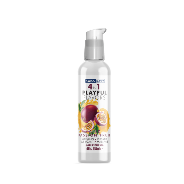 Swiss Navy 4in1 Playful Flavors Wild Passion Fruit lubricant, clear pump bottle, 4 oz