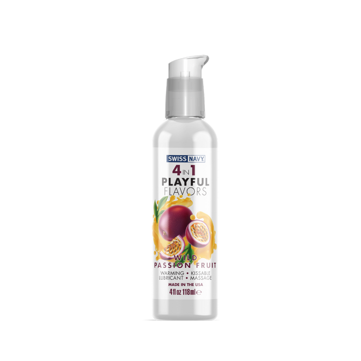 Swiss Navy 4in1 Playful Flavors Wild Passion Fruit lubricant, clear pump bottle, 4 oz