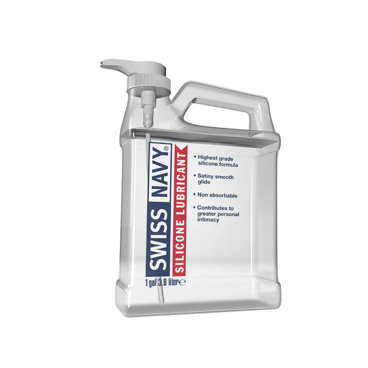 Swiss Navy Silicone Lubricant 1-gallon clear jug with pump dispenser for easy, mess-free application