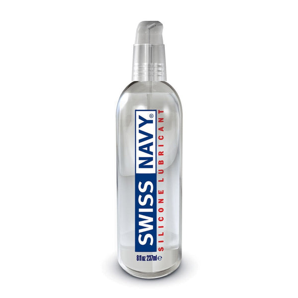 Swiss Navy Silicone Lubricant in a clear 8 oz pump bottle with bold label