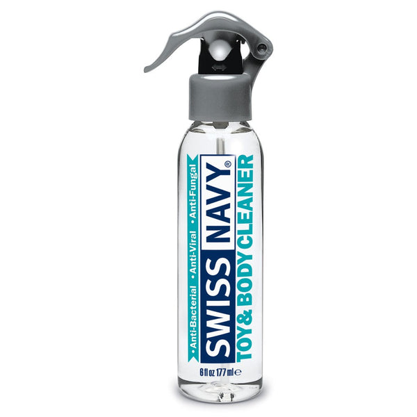 Swiss Navy Toy & Body Cleaner 6 oz spray bottle with antibacterial formula, clear liquid