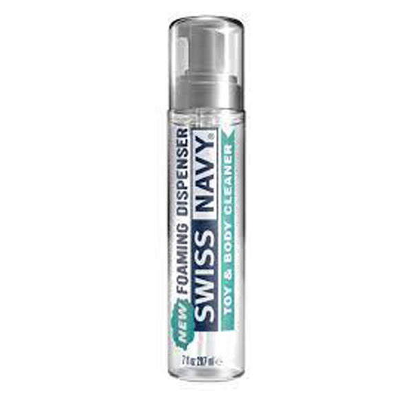 Swiss Navy Toy & Body Foamer 7oz in a clear pump-dispenser bottle with teal label