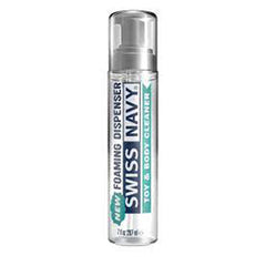 Swiss Navy Toy & Body Foamer 7oz in a clear pump-dispenser bottle with teal label