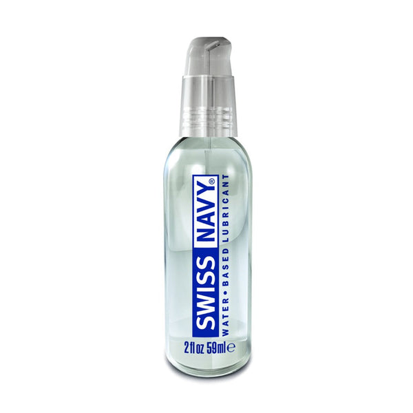 Swiss Navy Water-Based Lube 2 oz in a clear pump bottle with blue label