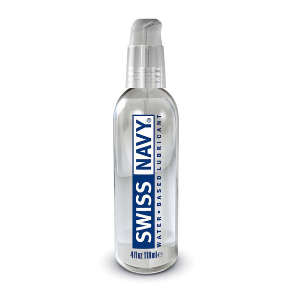 Swiss Navy Water-Based Lube 4 oz in a clear pump bottle with blue label