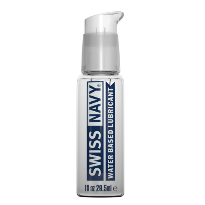 Swiss Navy Water-Based Lubricant 1 oz clear pump bottle with navy blue label