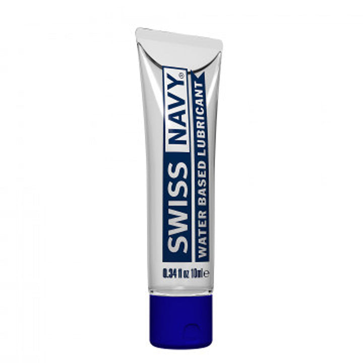 Swiss Navy Water Based Lubricant 10ml travel tube with blue cap, front view