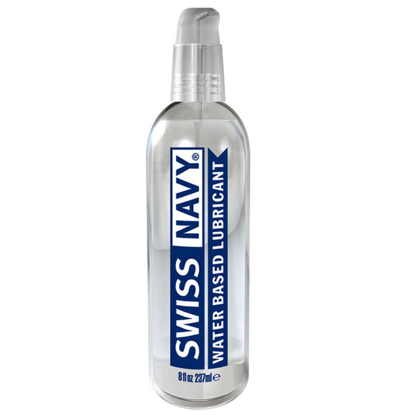 Swiss Navy Water-Based Lubricant in a clear 8 oz pump bottle with blue label