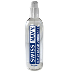 Swiss Navy Water-Based Lubricant in a clear 8 oz pump bottle with blue label