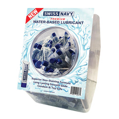 Swiss Navy Water-Based Lubricant fishbowl display holding 100 individual 10ml tubes