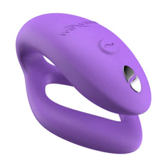 Sync O purple silicone couples vibrator top view showing button controls and charging port