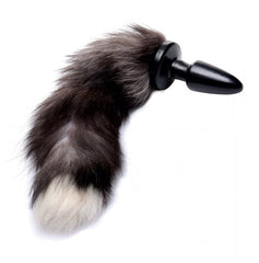 Tailz faux fox tail anal plug with dark grey and white fur tail, black silicone base