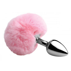 Tailz Fluffy Bunny Tail Anal Plug with pink pompom and polished silver metal base